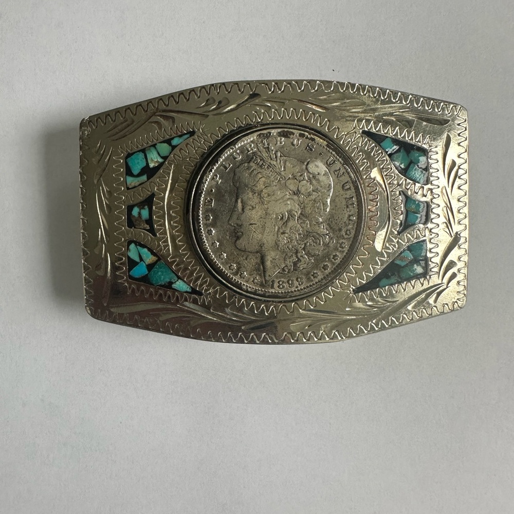 Silver turquoise coin belt buckle
